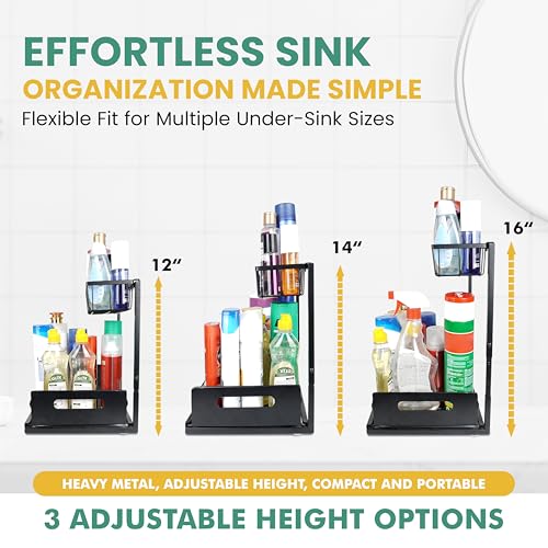 Height Adjustable 2-Tier Under Sink Organizer with 3 Hooks – Kitchen Sink Cabinet Storage Rack, Expandable Sink Caddy for Kitchen, Bathroom & Pantry - color: Black