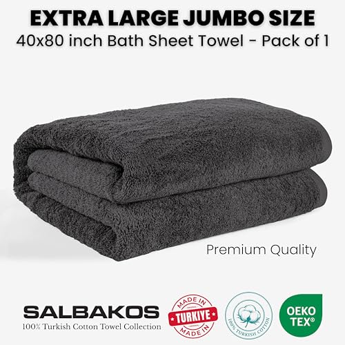 SALBAKOS Luxury 100% Turkish Cotton Bath Sheet 40x80 in (1-Piece, Gray) | Extra Large Jumbo Oversized Bathroom and Beach Towel, Super Soft Highly Absorbent Thick Premium Hotel Quality, Made in Turkey - color: Gray, size: Jumbo Bath Sheet