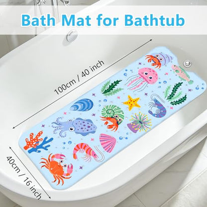 Bath Mats for Tub Kids Baby, Large Cartoon Sea Baby Bathtub Mat Non Slip, Machine Washable, 40"x16" Long Tub Mats with Suction Cups & Drain Holes, Non Slip Baby Shower Mat for Toddler(Sea Animal) - color: Sea Animals1