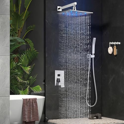 Aolemi Shower Faucet Set with Valve Handheld 10" LED Head Polish Chrome | Handheld Spray,10 Inch Rain LED Head,Valve and Trim Kit,All Metal,Wall Mount Shower System,Bathroom Mixer - color: Chrome, size: 10 Inch LED Shower Head