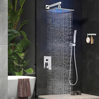 Aolemi Shower Faucet Set with Valve Handheld 10" LED Head Polish Chrome | Handheld Spray,10 Inch Rain LED Head,Valve and Trim Kit,All Metal,Wall Mount Shower System,Bathroom Mixer - color: Chrome, size: 10 Inch LED Shower Head