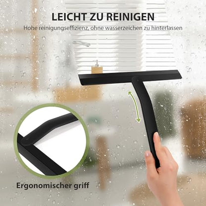 Shower Squeegee Black Set with Holder, 28 cm Wide Silicone Squeegee for Shower Screen Squeegee, Bathroom Window Squeegee with Stainless Steel Core, Suction Cup Holder for Bathroom Peel Off - size: 23cm
