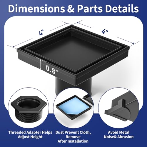 Square Shower Drain, 304 Stainless Steel Floor Drain 4" | with Tiled Insert Grate & Hair Strainer, Bathroom 2-in-1 Tiled in Drain, CUPC Certified - color: Matte Black, size: 4''
