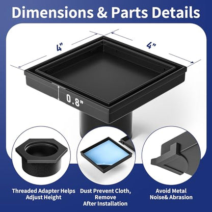 Square Shower Drain, 304 Stainless Steel Floor Drain 4" | with Tiled Insert Grate & Hair Strainer, Bathroom 2-in-1 Tiled in Drain, CUPC Certified - color: Matte Black, size: 4''