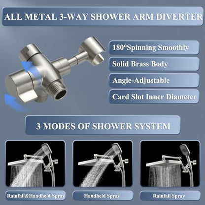 Jcrob High Pressure Wide Rain Shower Head with Handheld Spray Combo, 14 Inch Rainfall Shower Heads with Adjustable Extention Arm, Dual Waterfall Showerhead with 3-Way Diverter(Brushed Nickel) - color: Brushed Nickel, size: 14 Inch