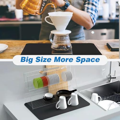 Dish Drying Mat Coffee Mat Drying Pad Hide Stain Absorbent with Rubber Backed for Kitchen Counter,Coffee Machine Dish Rack (Black, 16"x24") - size: 24" x 16"