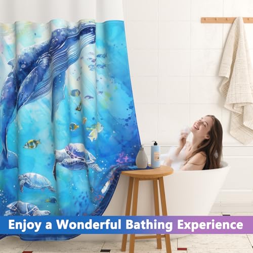 Ocean No Hook Shower Curtain and Liner Set, Whale and Turtles Design Shower Curtain with Snap in Liner and Weighted Hem, 71x74 Inch Heavy Duty Waterproof Fabric Sheer Top Shower Curtain for Bathroom - color: Whales and Turtles