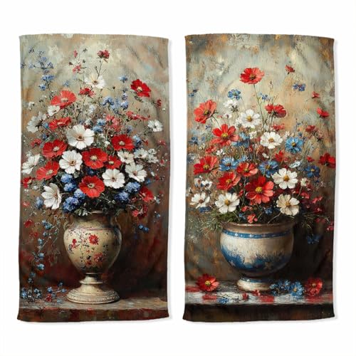 Floral Hand Towel Set of 2 Red White Blue Bouquet Vintage Vase Art Absorbent Bath Towels Soft Breathable Bathroom Towel for Kitchen Hotel Spa Decor Gift 14x28 inch - color: Floral