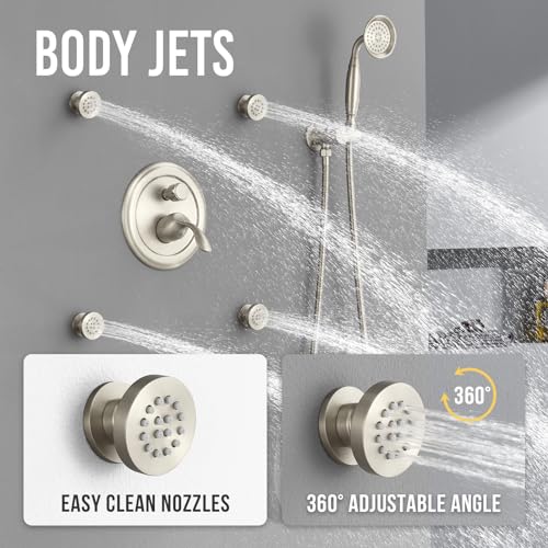 DASAN Antique Shower Faucet Sets Complete Rain Shower System in Wall with Body Shower Spray Jets, Brushed Nicke Shower Fixtures with Rainfall Overhead Shower, Handheld, Valve & Trim Kit, AT249W-BN - color: Brushed Nickel