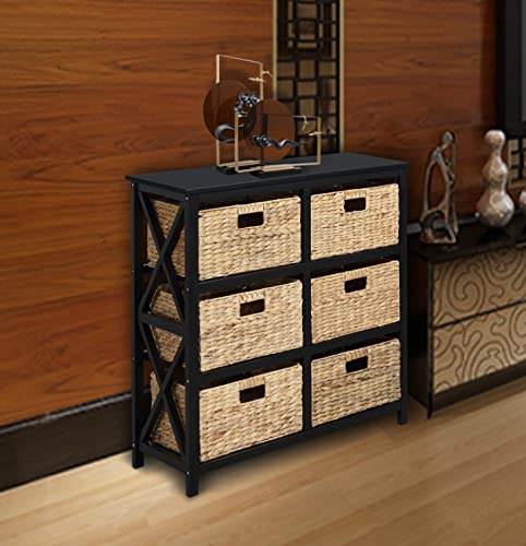 3 Tier X-Side End Storage Cabinet, Black | 6 Wicker Baskets - color: Black, size: 15.5"D x 29.3"W x 30"H (6 Drawers)