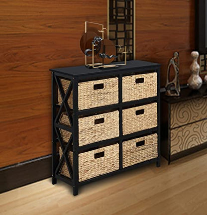 3 Tier X-Side End Storage Cabinet, Black | 6 Wicker Baskets - color: Black, size: 15.5"D x 29.3"W x 30"H (6 Drawers)