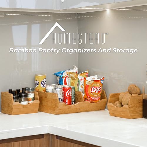HOMESTEAD Bamboo Pantry Storage Bins – Stackable Potato & Onion Storage Bin for Kitchen Countertop, Pantry Organizer, Fruit Vegetable Basket, Multiuse - Set of 3 Slide-Out Access - size: Medium ( 3 Pack )