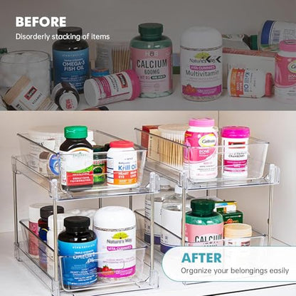 4 Pack Clear Bathroom Organizers and Storage, 2 Tier Pull Out Under Sink Cabinet Organizer Plastic Drawer Organization and Storage for Bathroom and Kitchen - size: 4 PACK