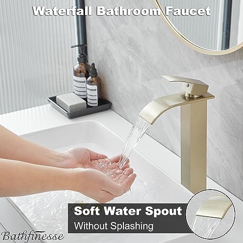 Vessel Sink Faucet Brushed Gold Waterfall Bathroom Faucet with Pop Up Drain | Stainless Steel,Single Handle One Hole Deck Mount,Bowl Vanity Sink Faucet,with 3/8" Supply Hose,Lead-Free by Bathfinesse - color: Brushed Gold
