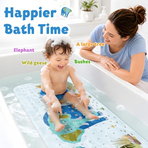 Baby Bath Mat for Tub Non Slip Kids, BPA Free Extra Long Bathtub Mat 40x16 with Drain Holes and 200 Suction Cups, Non Toxic Machine Washable Toddler Bath Mat, Eco-Friendly Certified - color: Light Blue Elephant