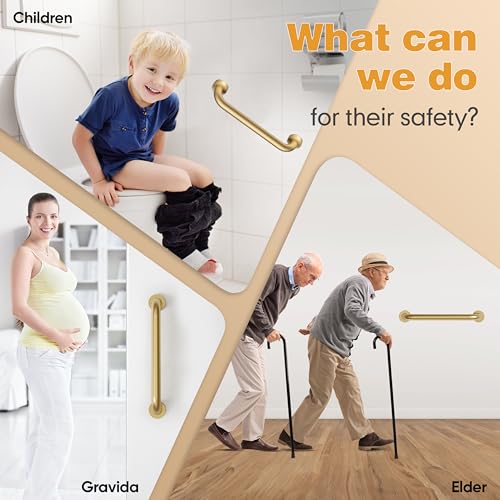 16 Inch Anti-Slip Bathroom Shower Grab Bar Brushed Gold | Safety Hand Rail Support Handicap Elderly Injury Senior Assist Bath Handle, Arm Rests for use with Toilet Seats