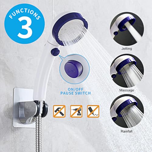 RV & Camper High Pressure Handheld Shower Head with Pause Button | 3 Spray Modes with ON/OFF Switch, Detachable Dog Shower Attachment, Pet Shower Wand with Bracket & Hose, White & Blue - color: White & Blue
