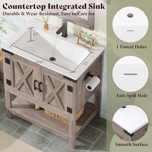 AMERLIFE 24" Gray Farmhouse Bathroom Vanity with Sink and Open Shelf | Light Gray, Single Solid White Integrated Top, Moisture-Resistant MDF, Barn Doors, Open Shelf, Paper Towel Holder - color: Light Gray, size: 24“