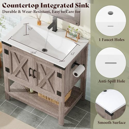AMERLIFE 24" Gray Farmhouse Bathroom Vanity with Sink and Open Shelf | Light Gray, Single Solid White Integrated Top, Moisture-Resistant MDF, Barn Doors, Open Shelf, Paper Towel Holder - color: Light Gray, size: 24“
