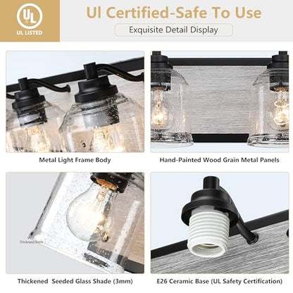 16" 2-Light Farmhouse Bathroom Vanity Light with Bubble Glass, Gray | Farmhouse Rustic style, Metal base with hand-painted wood grain, E26 Ceramic Base(no bulb), UL&ETL, mount up/down,over mirror - color: Gray, size: 2-Light