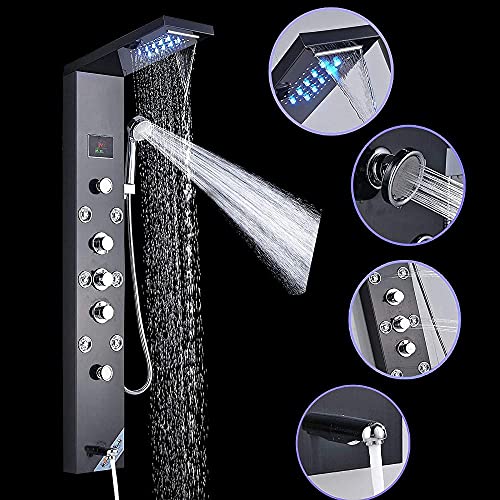 Bathroom Shower Panel Tower System LED Temperature Display Body Jets Shower Set Waterfall Rain Shower Head 6 Functions Temperature Display-Black