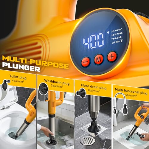 Ecarke 2-in-1 Electric Toilet Drain Unclogger & Air Pump – Compatible with DeWalt 20V Battery (Tool Only), LCD Digital Pressure Display, 5 Attachments for Sink, Shower & Outdoor Inflation (Tool Only)