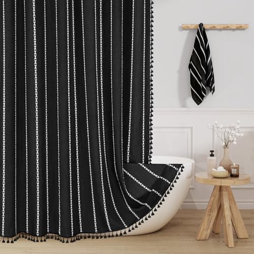 Boho Striped Tassel Linen Shower Curtain,3D Embroidery Stripe Black,72x90 | Extra Long Floor Length,Striped Texture,Water Repellent,Bohemian Luxury Farmhouse,Wrinkle Resistant,12 Plastic Hooks - color: Black, size: 72"W x 90"L (Pack of 1)