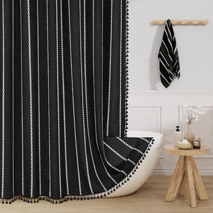Boho Striped Tassel Linen Shower Curtain,3D Embroidery Stripe Black,72x90 | Extra Long Floor Length,Striped Texture,Water Repellent,Bohemian Luxury Farmhouse,Wrinkle Resistant,12 Plastic Hooks - color: Black, size: 72"W x 90"L (Pack of 1)