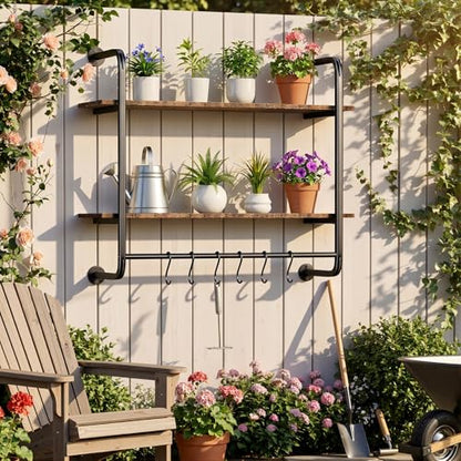 2 Tier Industrial Pipe Floating Shelf, 31.5" Kitchen Wall Shelves | with Towel Bar & 6 Hooks, Coffee Bar Shelves Display Bookshelf Wall Shelf for Kitchen, Bathroom, Home Décor, Rustic Brown - size: 31.5 Inch（2 Tier）