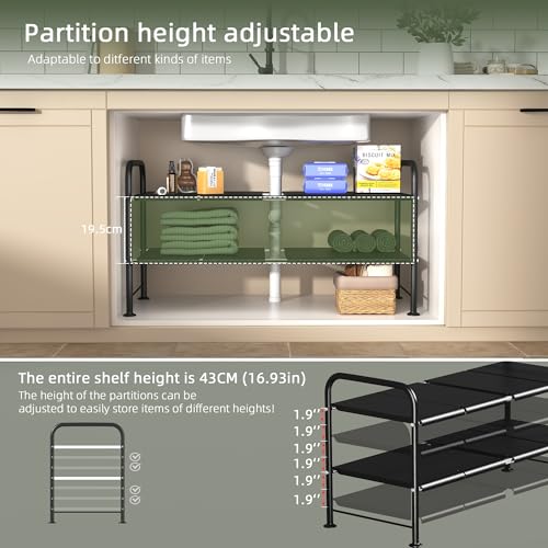 Under Sink Organizers and Storage,Expandable under cabinet organizer Shelf | 2 tier expandable shelf for kitchen and bathroom,8 Removable Carbon Steel Panels,27.36-36.02" W x 12.28" D x 16.93" H - size: 8 thickened iron plates(12.28"deep)
