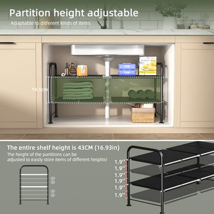 Under Sink Organizers and Storage,Expandable under cabinet organizer Shelf | 2 tier expandable shelf for kitchen and bathroom,8 Removable Carbon Steel Panels,27.36-36.02" W x 12.28" D x 16.93" H - size: 8 thickened iron plates(12.28"deep)