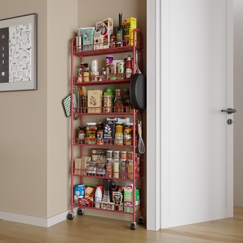 Slim Rolling Storage Cart 6 Tier, Metal Kitchen Rolling Utility Cart with Lockable Wheels for Kitchen, Bathroom, Office, Laundry Room, Small Narrow Spaces (Red 6 Inches) - size: Red 6 Inches