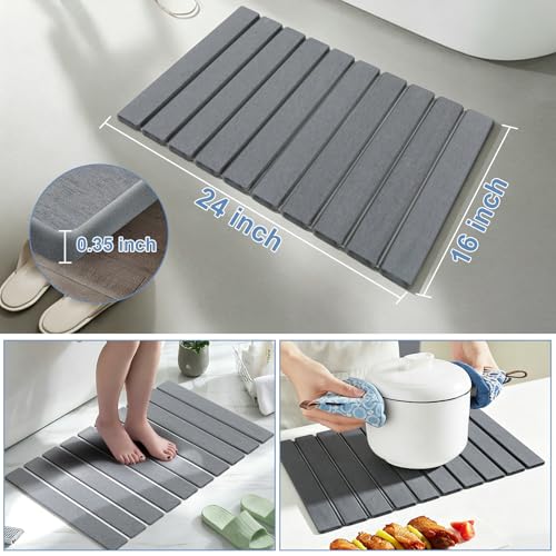Dish Drying Mat, Stone Drying Mat for Kitchen Counter, Stone Bath Mat, Grey | Water Absorbing Diatomaceous Earth Drying Stone for Kitchen Counter, Bath Stone Mat, Kitchen Dish Drying Stone Mat, 24"×16" - color: Gray