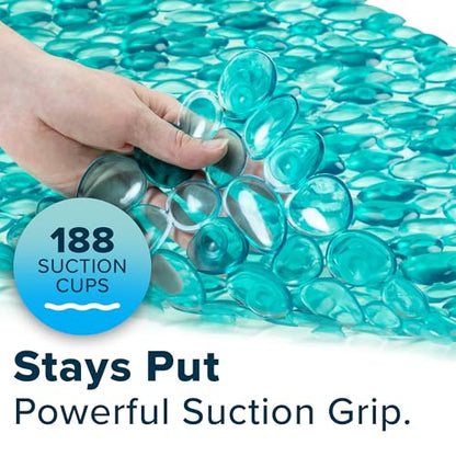 SlipX Solutions 38"x17" Pebble Non Slip Mat for Bath & Shower, Aqua | Foot Massaging Accupressure Bathtub Mat, River Rock Look, 188 Suction Cups, Machine Washable - color: Aqua