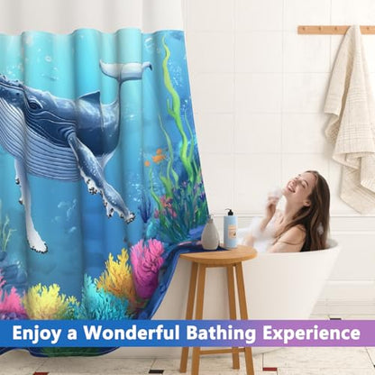 No Hook Shower Curtains for Bathroom, Whale Pattern Double-layer Shower Curtain with See Through Window, 71x74 Inches Ocean Shower Curtain No Hooks with Snap in Liner, Mesh Top Window and Weighted Hem - color: Whale