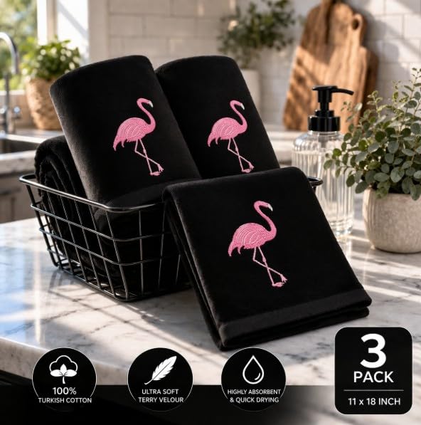3-Pack Flamingo Fingertip Kitchen Towels, Deluxe Premium Terry Velour Hand Towels, 100% Cotton, Quick Drying and Highly Absorbent, Ultra Soft Bath Towels Set (Black)