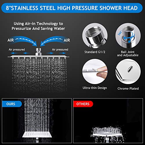 Shower Head Combo,8 Inch High Pressure Rain Shower Head with 11 Inch Adjustable Extension Arm and 5 Settings Handheld Shower Head Combo,Powerful Shower Spray Against Low Pressure Water with Long Hose - color: Chrome, size: 8" Showerhead Set