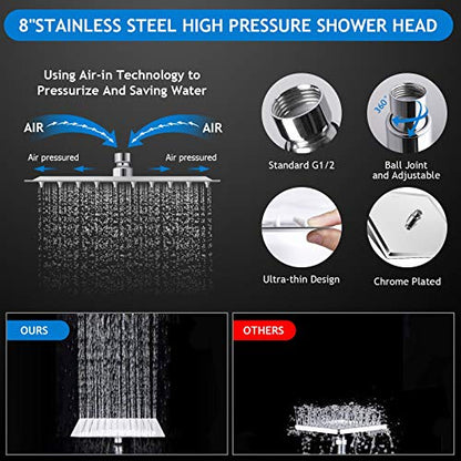 Shower Head Combo,8 Inch High Pressure Rain Shower Head with 11 Inch Adjustable Extension Arm and 5 Settings Handheld Shower Head Combo,Powerful Shower Spray Against Low Pressure Water with Long Hose - color: Chrome, size: 8" Showerhead Set
