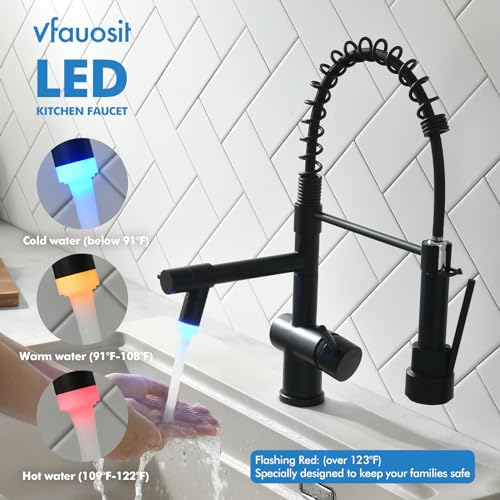 VFAUOSIT Kitchen Faucet with Pull Down Sprayer, Matte Black LED Light | Dual Outlets, Hands-Free Spray Lock, 360° Swivel, 10-Minute Tool-Free Setup, Fingerprint-Resistant Finish, Ceramic Valve - color: Matte Black-04