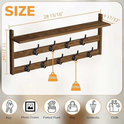 AMBIRD Coat Rack Wall Mount with Shelf, 29" Coat Hooks Wall Mounted with 9 Metal Hooks for Entryway, Bathroom, Bedroom, Living Room, Kitchen, 2 Tier Wall Hooks for Clothes, Hat, Towel, Key, Purse - style: 9 Hooks