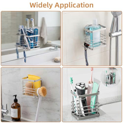 Powerful Suction Cup Stainless Steel Toothbrush Holders, Silver | Removable Shower Tooth brush and Toothpaste Holder, Strong Suction Up to 11lbs, Anti-Puddling ,No Drill Bathroom Organizer - color: Silver