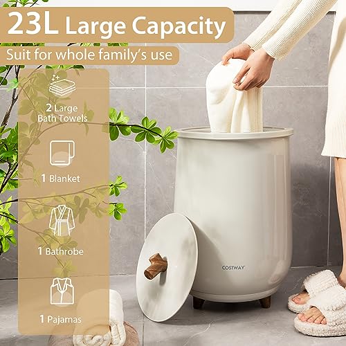 COSTWAY Bucket Style Towel Warmer, 23L Towel Warmer with 4 Heating Time & 3 Heating Temperature, Overheat Protection System, Fragrant Disc Holder, Towel Warmer for Bathroom, Hot Tub, Spa (Light Grey) - color: Light Grey