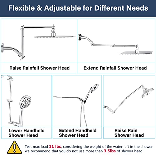 PDPBath Shower Extension Arm, 16" Upgrade Solid Brass Shower Head Shower Head Extender, Adjustable Height Extended with G1/2 Universal Connection for Rain & Handheld Shower Head - Chrome - color: Chrome, style: 8 Inch + 8 Inch