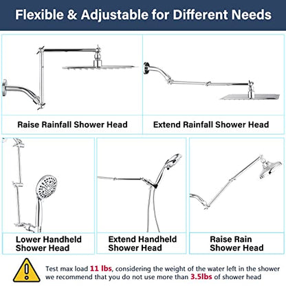 PDPBath Shower Extension Arm, 16" Upgrade Solid Brass Shower Head Shower Head Extender, Adjustable Height Extended with G1/2 Universal Connection for Rain & Handheld Shower Head - Chrome - color: Chrome, style: 8 Inch + 8 Inch