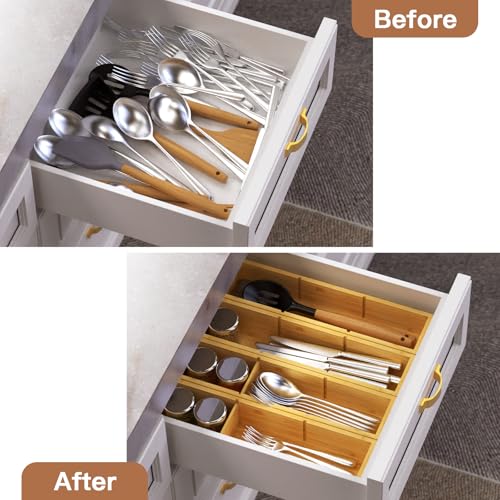 DUJEN 4 Packs Bamboo Drawer Organizer 2 pieces 12.6 * 6inches and 2 pieces 12.6 * 3.2inches, Adjustable 3 Individual Junk Drawer organizer for Bathroom and Kitchen - size: 4 pieces 12.5X3.1