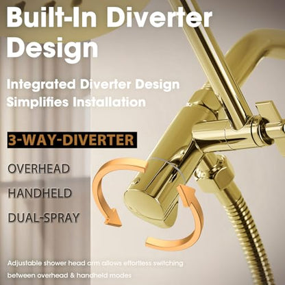 TRUSTMI 10 Inch Shower Arm Extension Front-Handle 3-Way Diverter, Shower Head Combo Adjustable Height Arm Mount, Polished Gold - color: Polished Gold