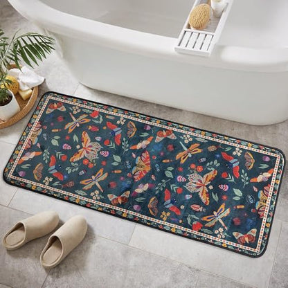 BBSET Boho Gothic Moth Bath Rug Runner 47 * 16inch Butterfly Plant Floral Bathroom Mat Non Slip Absorbent Cute Leaves Bathroom Mats (Butterfly) - color: Butterfly