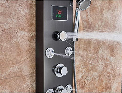 Stainless Steel Shower Panel Tower System LED Rainfall Waterfall Shower Head 6-Function Faucet Rain Massage System with Body Jets