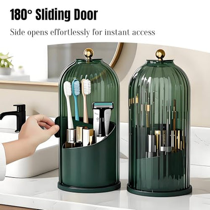 JEESA Dustproof Toothbrush Holder with Cover, All Green | 360° Rotating, 180° Sliding Lid, 3 Slots, Toothbrush Organizer, for Bathroom Countertop - color: All Green