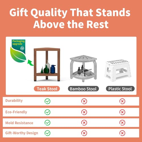 Samplife 17" Teak Corner Shower Stool for Shaving Legs, Space-Saving Shower Foot Rest with Storage Shelf, Water-Resistant Corner Bench for Inside Shower & Small Bathrooms